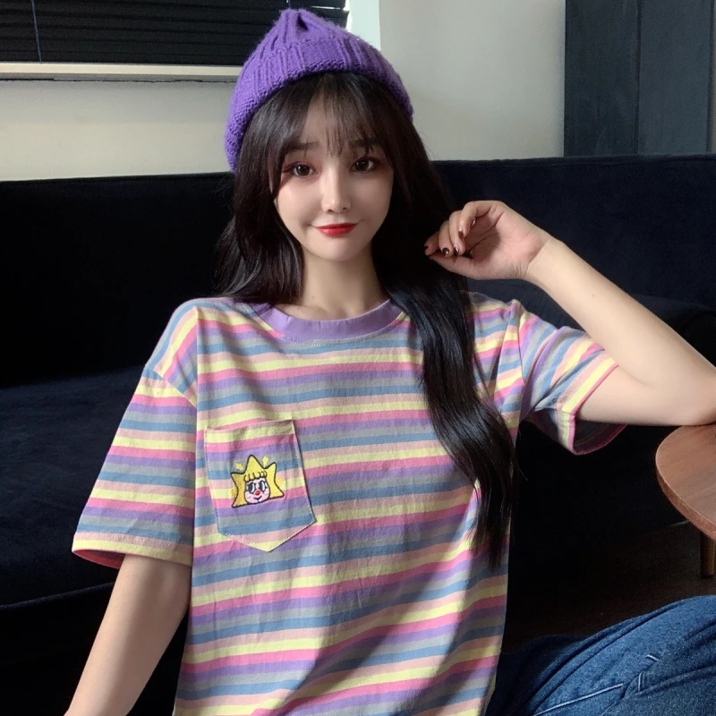 

Rainbow Striped Short-sleeved T-shirt Women's Top 2021 Summer New Korean Version Loose Women Base Top