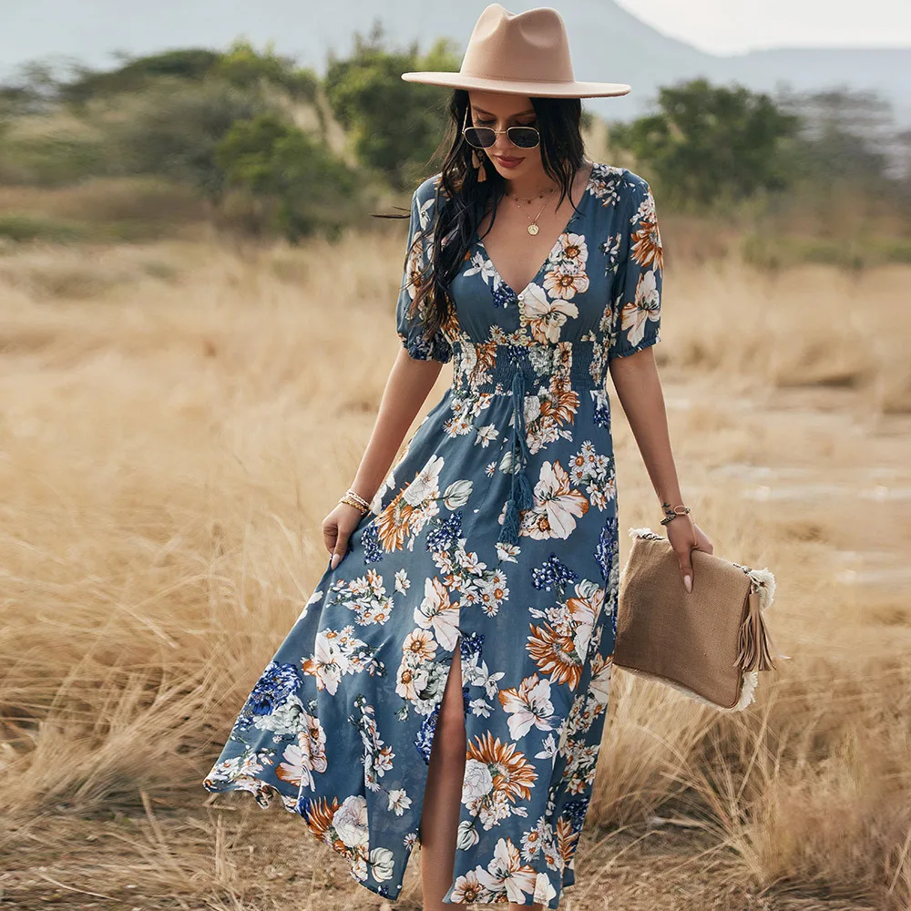 

Short Sleeve Maxi Split Dress Summer 2021 Beach Boho Print Sexy V-Neck Floral Long Dresses Women Casual Loose Party Elegant Robe