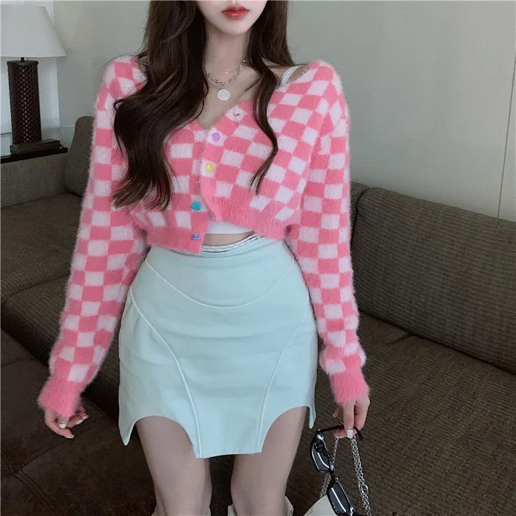Buy Autumn Vintage Sweet Cute Kawaii Pink Plaid Print Women Knitted Cardigan Tops V-Neck Long Sleeve Cropped Short Sweater on