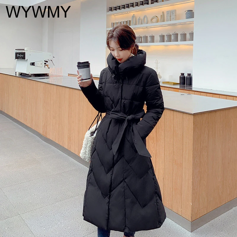 WYWMY Winter Cotton Coats Women Long Parkas 2021 Vintage Elegant Loose Down Jacket Female Mid-Length Turndown Collar Belt Jacket