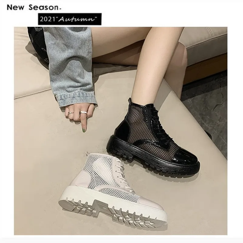 

2021 New Cool Boots Martin Boots Summer Thin Boots Thick Heel Round Toe Short Boots Mesh Hollow Mesh Women's Boots