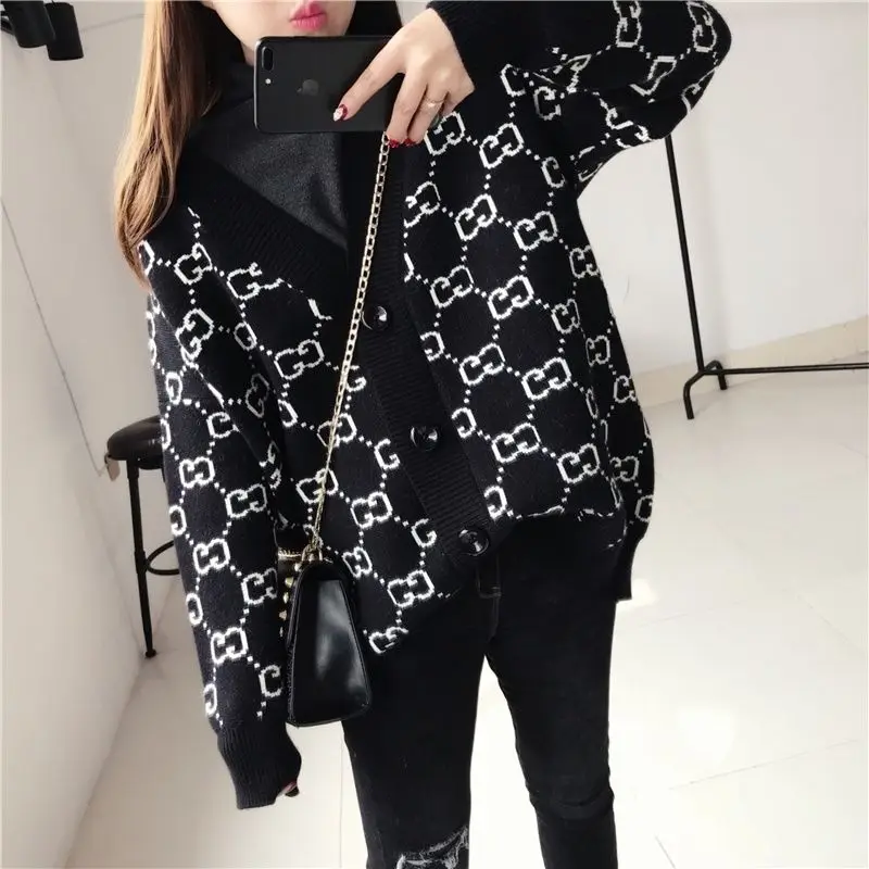 

Autumn new Hanfeng jacquard g-letter sweater women's cardigan regular loose knit jacket