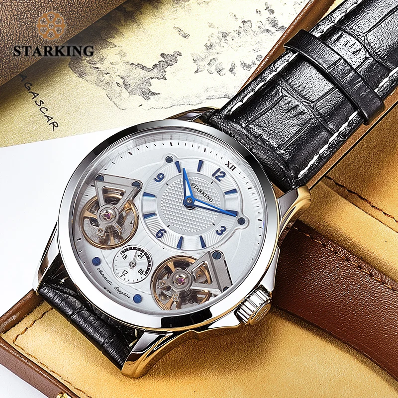 

STARKING Brand Mens Watch Luxury Double Tourbillon Genuine Leather Mechanical Watches For Men Waterproof Hind-wind Wristwatch