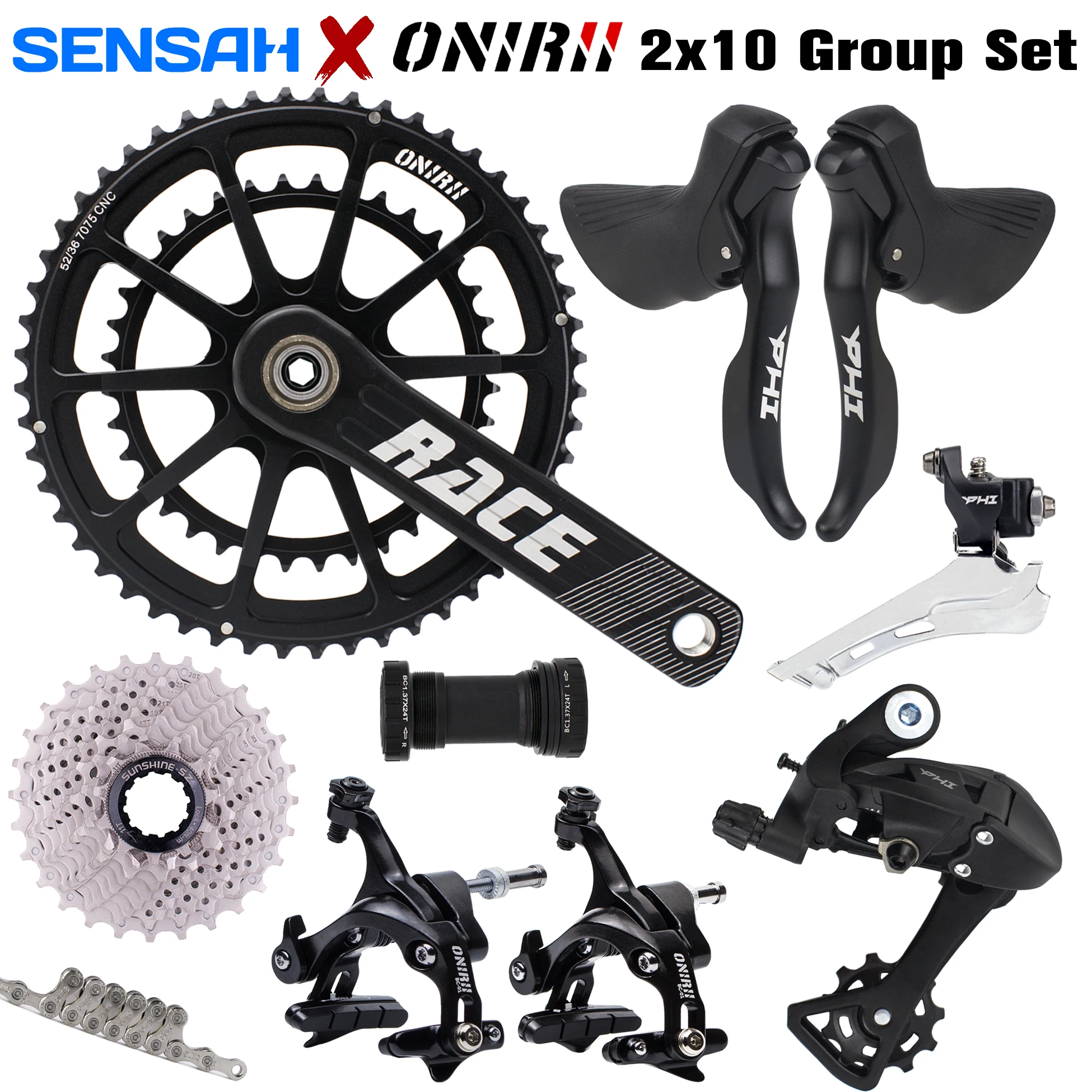 

SENSAH PHI Road Bike 2x10 Crank Speed 20s Bicycle Groupset Shifter + R/F Derailleurs + ONIRII RACE Cassette Brake 105 5600 R700