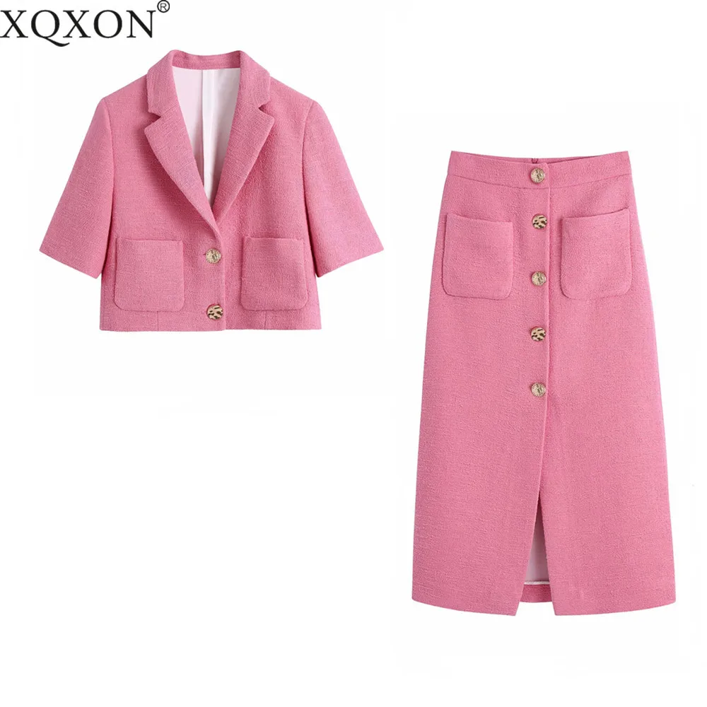 

2021 Summer New Blazer Women Two Piece Set Casual Solid Color Button Texture Small Suit Jacket and High Waist Midi Skirt Suits