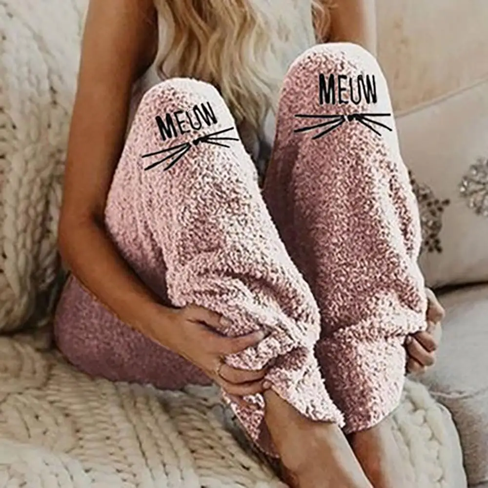 Женские теплые фланелевые пижамные штаны с буквенным принтом домашние на осень и