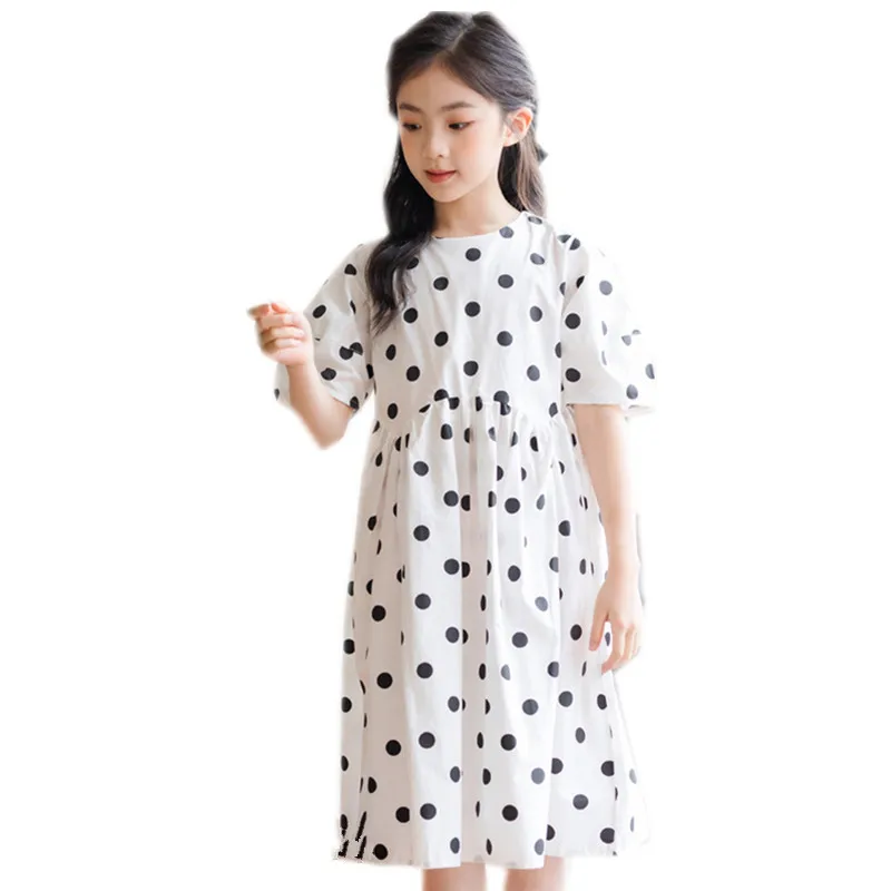 

От 6 до 16 лет и подростков летняя одежда для девочек в горошек с цветочным узором, материал хлопок, платье с пышной юбкой для девочек, модные п...