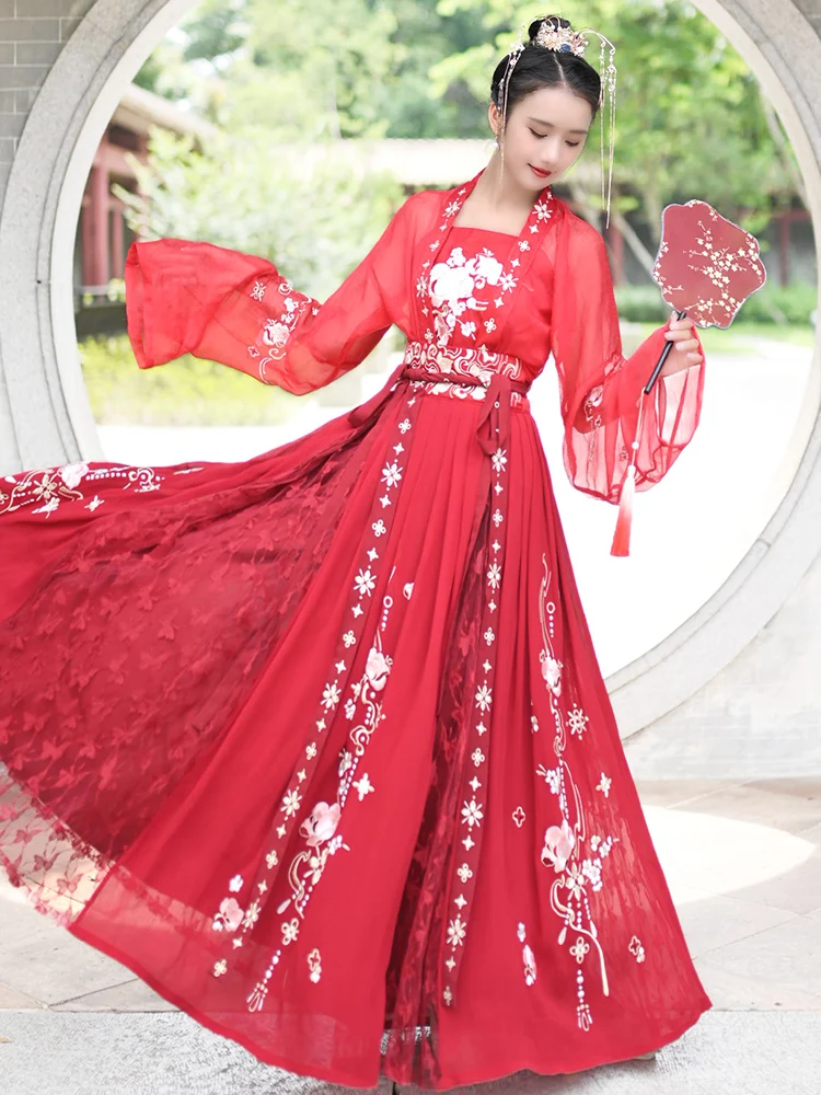 

2021 New Chinese Red Hanfu Costumes Dresses For Woman Stage Wear Folk Dance Robe Hanfu Tang Suit Floral Embroidery Hanfu Women