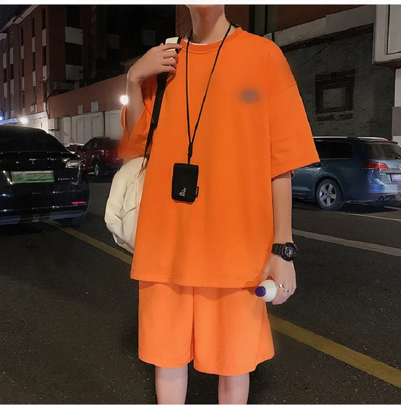 

2-Piece Men's Tshirt Set Men Fashion Hip Hop Solid Color Short Sleeve+Sports Shorts Mens Casual Tracksuit Men Set