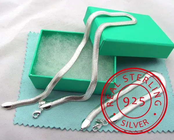 

Wholesale Free Shipping 925 Sterling Silver jewelry set 6MM Flat Soft Snake Bone Chain Necklace Bracelet Jewelry Set Bijoux