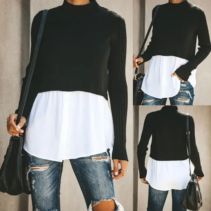 Женский трикотажный пуловер 2 в 1 рубчик с длинным рукавом и пуговицами | Женская