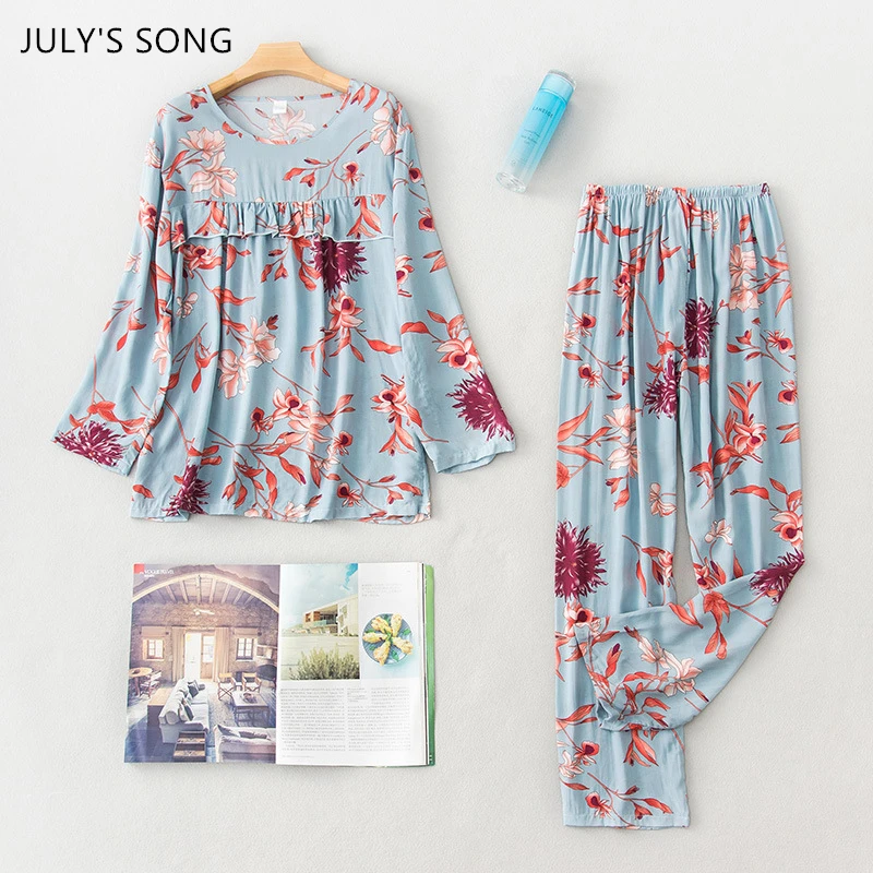 

JULY'S SONG Women Viscose Pajamas Set 2 Pieces Printing Cute Lady Long-sleeved Trousers Spring Autumn Striped Female Sleepwear
