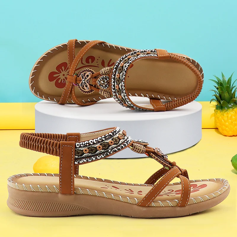 

Retro Women's Sandals Fashion Flower Print Sewing Shoes Rhinestone Design Summer Sandals Soft Paltform Elastic Band Sandals