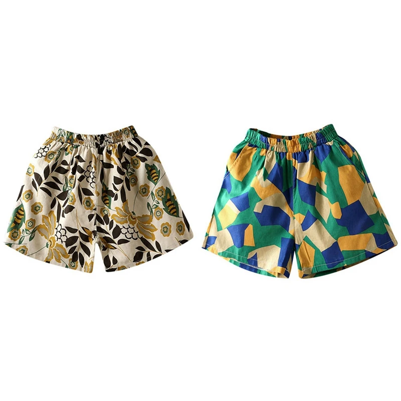 Женские повседневные шорты из хлопка и льна, шорты с высокой талией и принтом, размер XXL, зеленый и абрикосовый цвета, 2 шт.