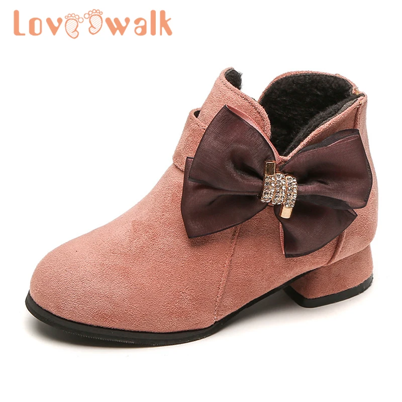 Ботильоны принцессы на каблуке для девочек Детская обувь с большим бантом Теплые