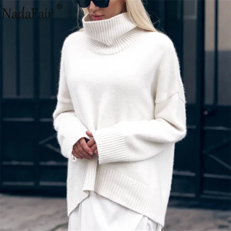 Nadafair Turtleneck Sweater 2020 Autumn Loose Casual Long Sleeve White Winter Oversized Knitted Pullover Jumper Women Sweaters | Женская