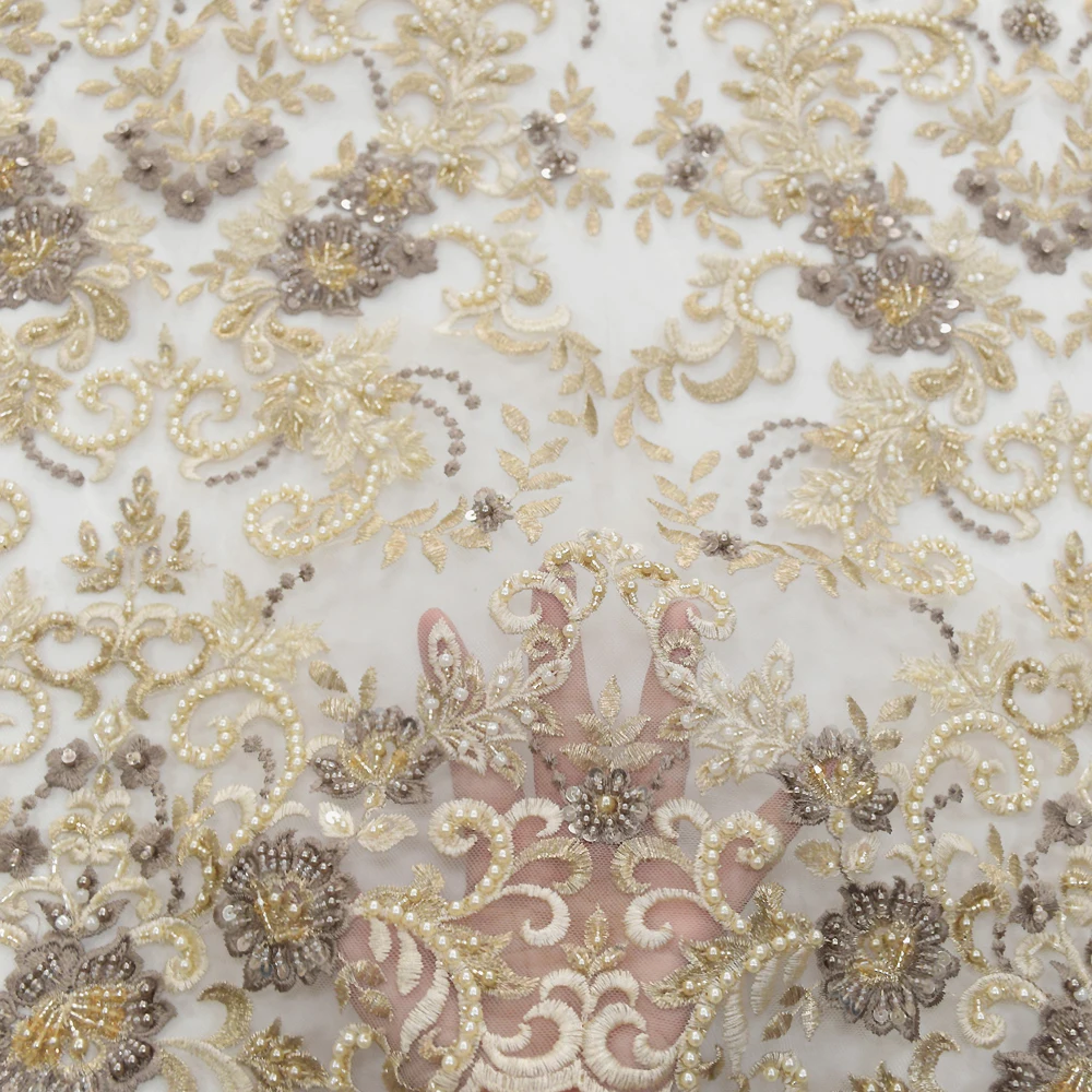 

2021 high end handmade bridal beaded lace sequence and pearls HY1302