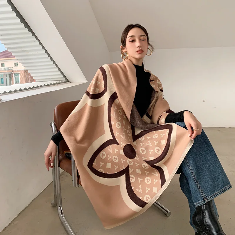 

Женская модная двухцветная шаль, длинный кашемировый шарф двойного назначения, зимняя теплая шаль для улицы