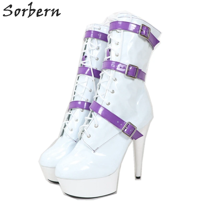 

Sorbern White Ankle Boots For Women Platform Purple Straps Buckles Woman Shoes Stripper High Heels 43 44 Size 42 Womens Shoes