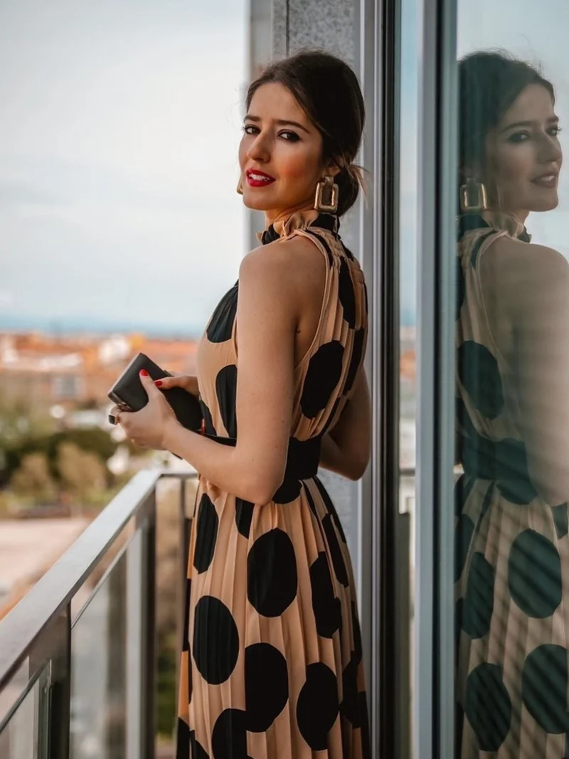 

Bohemian Polka Dot Dress Women's Summer Fashion A-line Pleated Halter Neck Dress 2021 New Woman Elegant Sleeveless Party Dresses