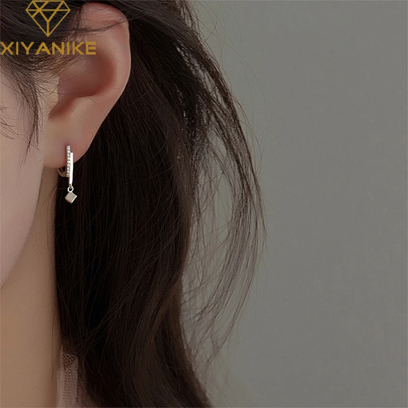 

XIYANIKE Silver Color Korean Square Pendant Zircon Earrings Temperament Fashion Female Summer Small Handmde Couple Gift