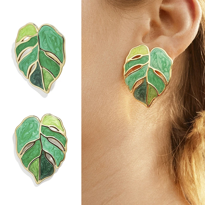 

New Fashion Flower Leafs Earrings Female Enamel Green Plant Statement Earrings for Women Party Jewelry Gifts