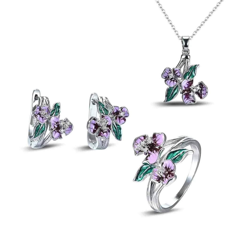 

Color enamel flower zircon ring & earring & pendant necklace 925 Sterling silver fine set jewelry Mothers Day gift free shipping