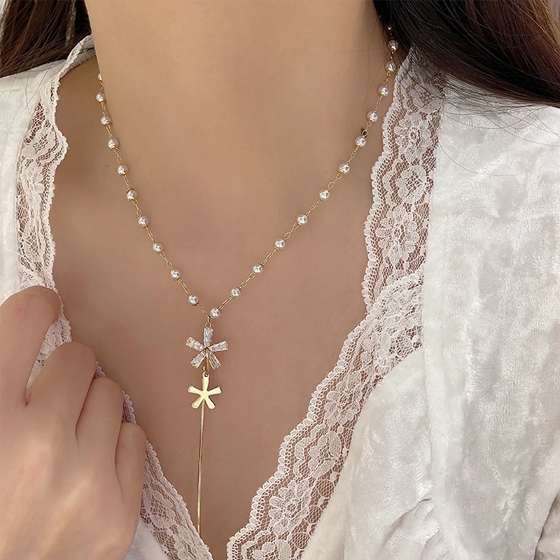 

MENGJIQIAO Korean Elegant Pearl Beads Necklace For Women Girls Fashion Zircon Flower Tassel Choker Party Jewelry Gifts