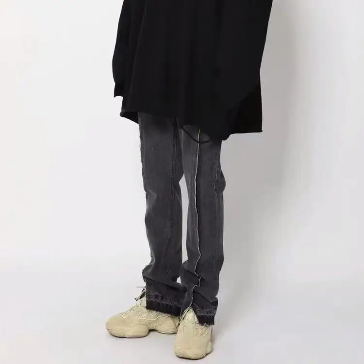 Dark Icon Middle Split High Street Jeans Men Washing Grey Straight Hip Hop Jeans Men's Denim Pants