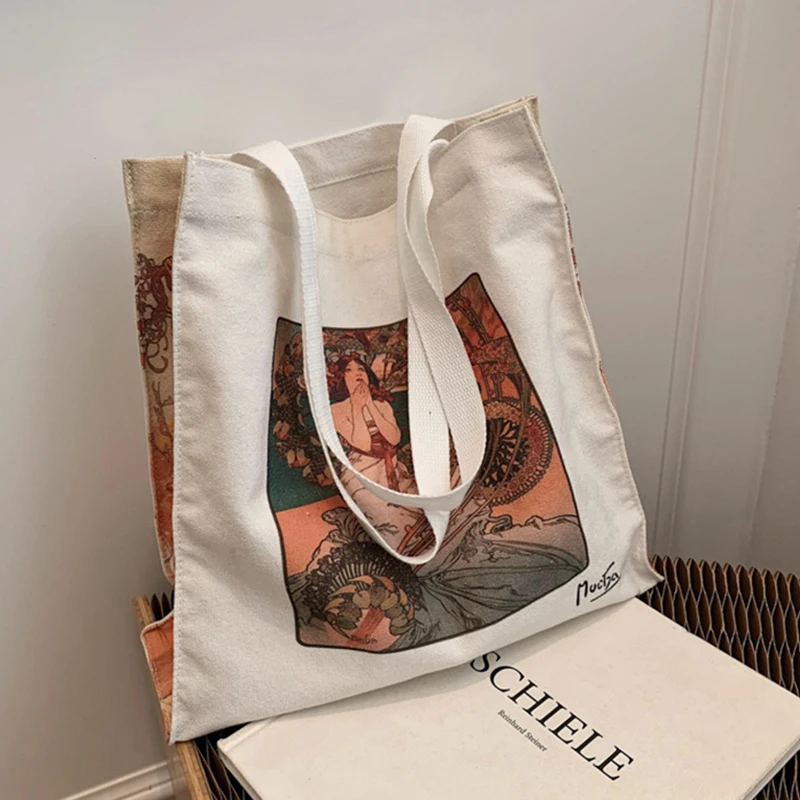 

Women Canvas Shopping Bag Tote Bag Oil Painting Print Female Cotton Cloth Shoulder Bag Eco Handbag High Capacity Shopper Bags