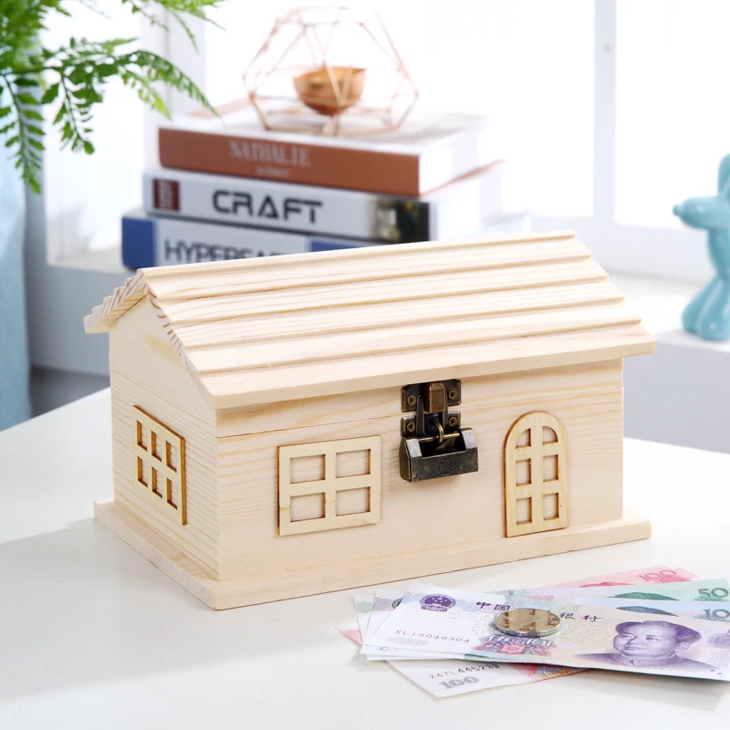 

Vintage Wooden Money Box Small Creative House Lock Hidden Saving Secret Safe Box Coin Huchas De Dinero Room Decoration AH50MB
