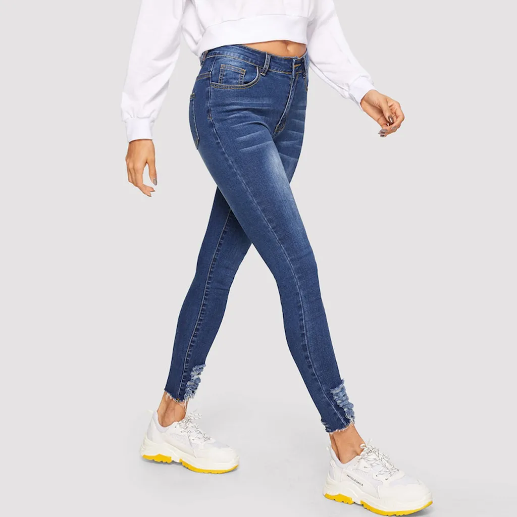 Женские джинсы с карманами SAGACE модные однотонные потертые высокой талией