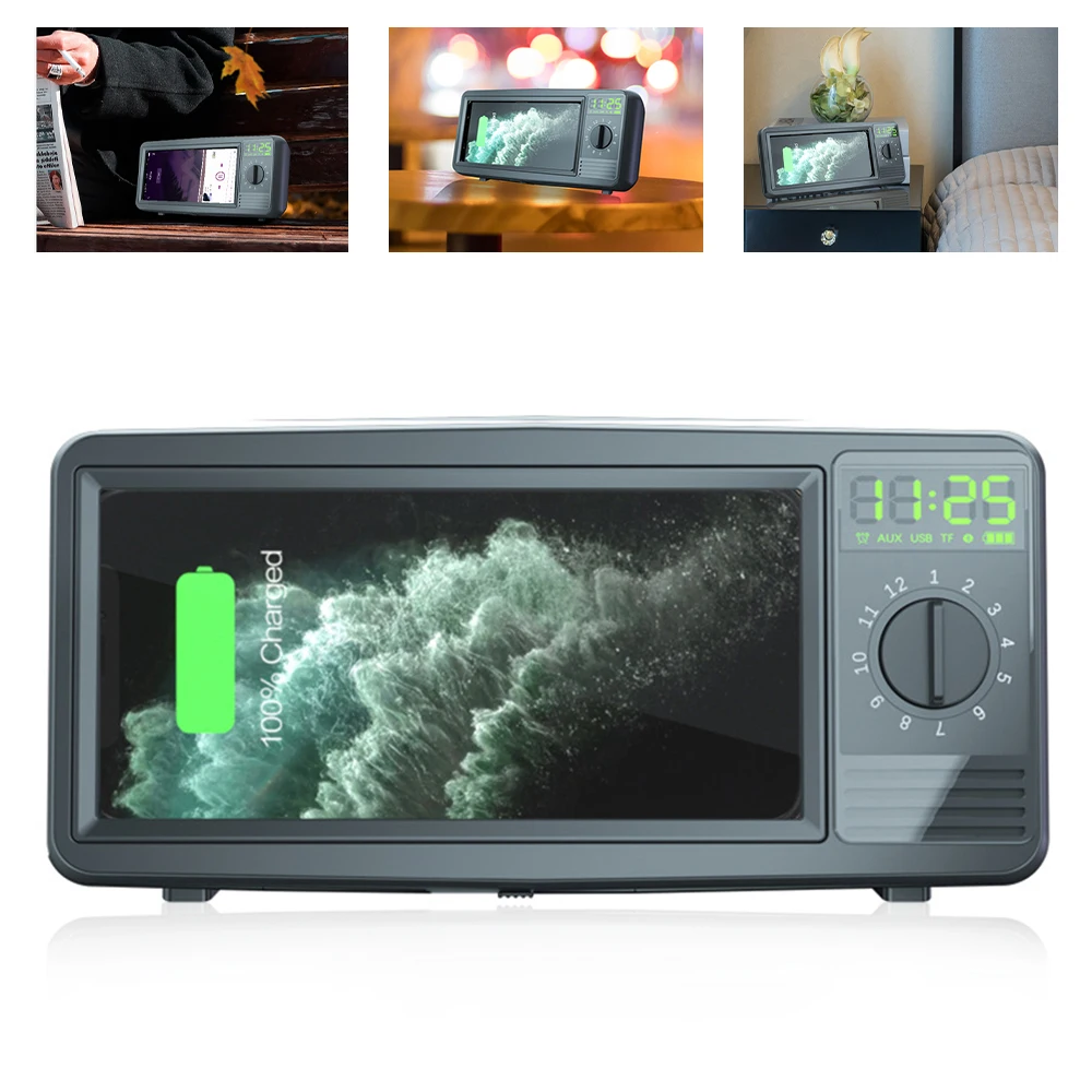 

Wireless Charger Bluetooth-compatible Speaker with TV Function Fast Charging Alarm Clock for Smartphone Android iOS Retro Design