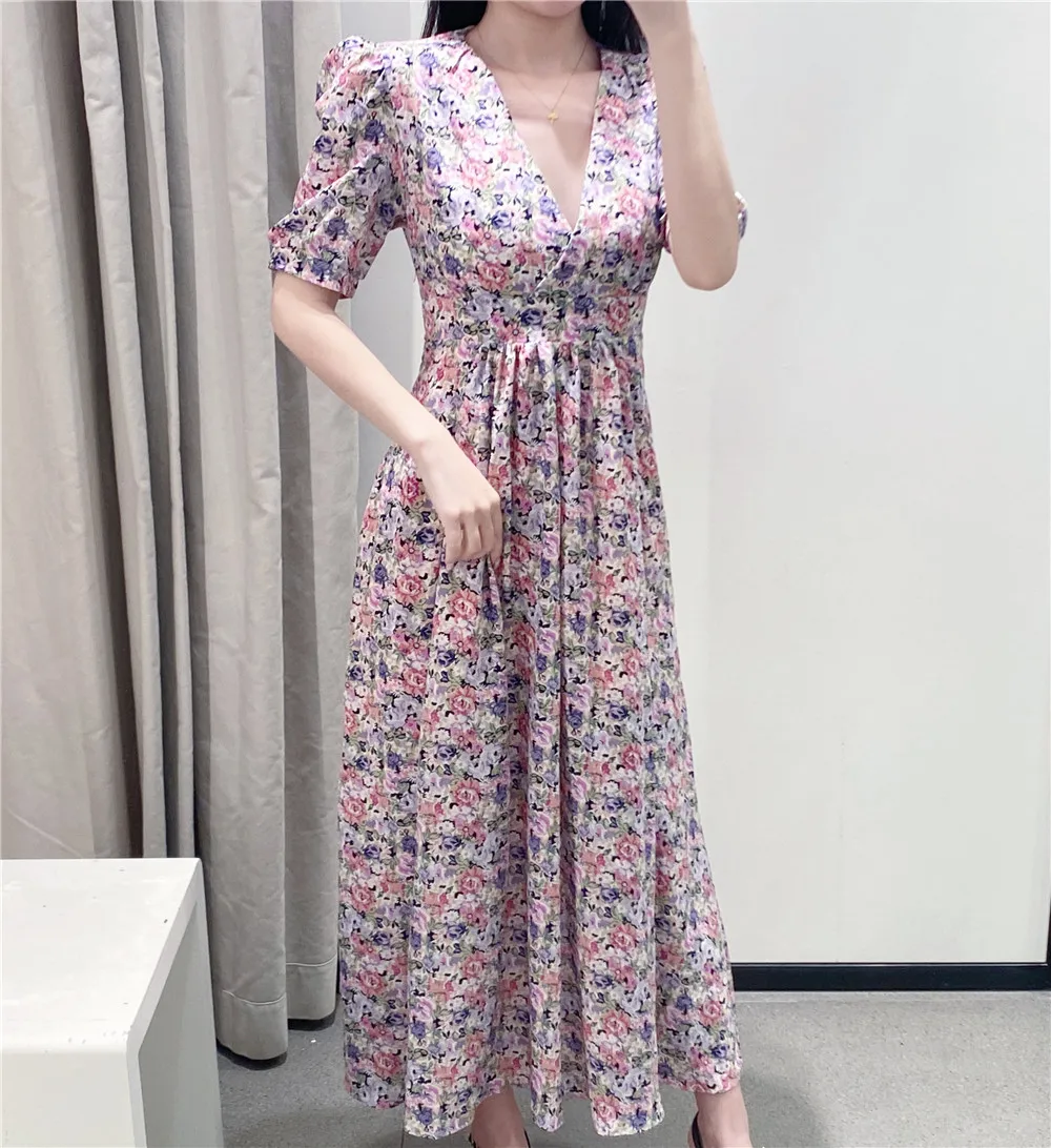 Эксклюзивная женская одежда Летнее цветочное платье с V-образным вырезом изящные