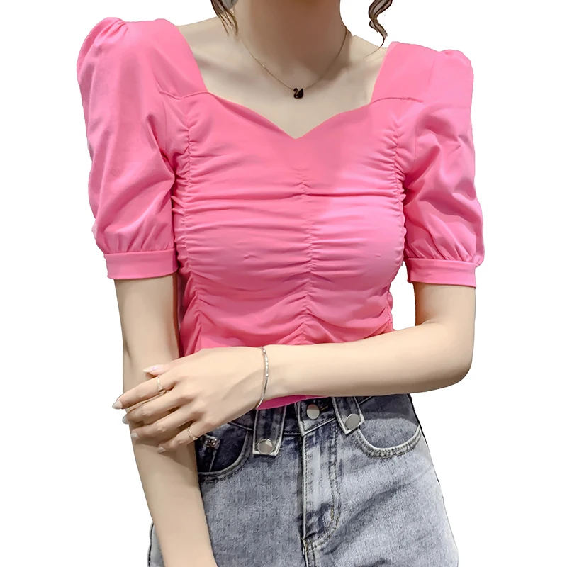 

COIGARSAM Vintage blouse women New Summer Pleated blusas womens tops and blouses White Black Purple Rose Pink 965