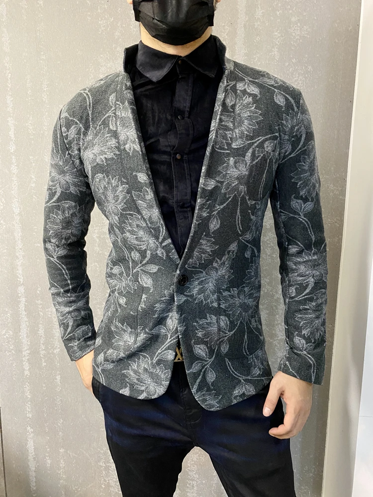 Осенне-зимний шерстяной мужской тонкий костюм повседневный блейзер с принтом