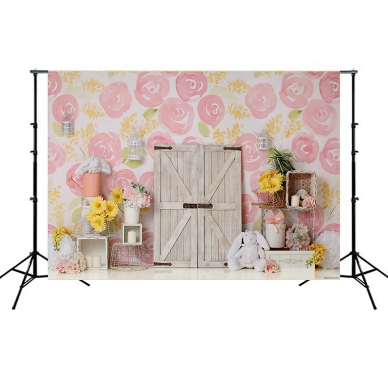 

7X5Ft Photography Background Bunny Chrysanthemum Pink Series Theme Photo Studio Background Cloth for Family Photo