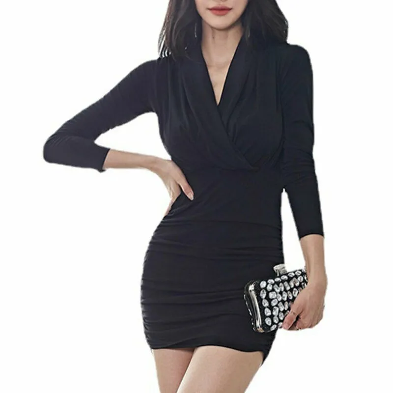 

Womens Long Sleeve V-Neck Sexy Mini Dress Party Clubwear Bodycon Short Dresses