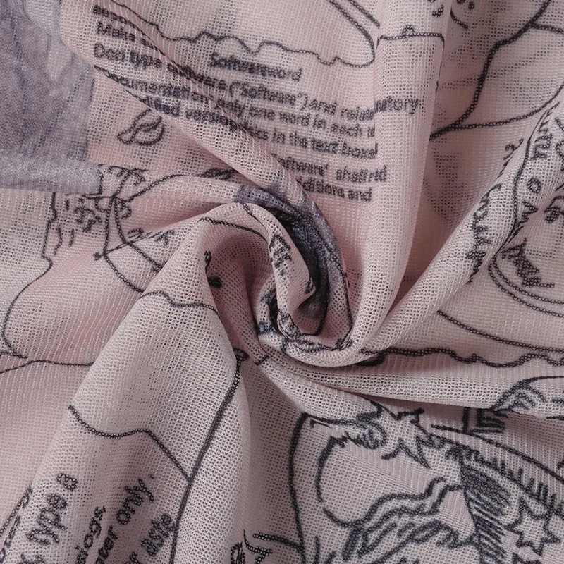 

BOOFEENAA Newspaper Print Nude Mesh High Neck Long Sleeve Bodysuits Women Clothes Graphic Tshirt Vintage Sexy Top C85-AH10