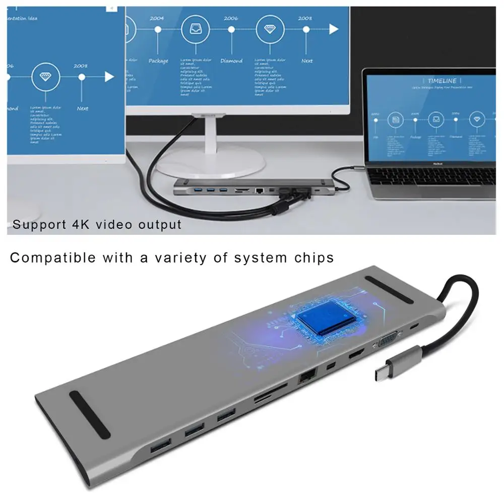 Док станция для ноутбука USB C несколько портов с HDMI/VGA/SD/TF/Mini DP/RJ45/USB 3 0/Аудио/Type