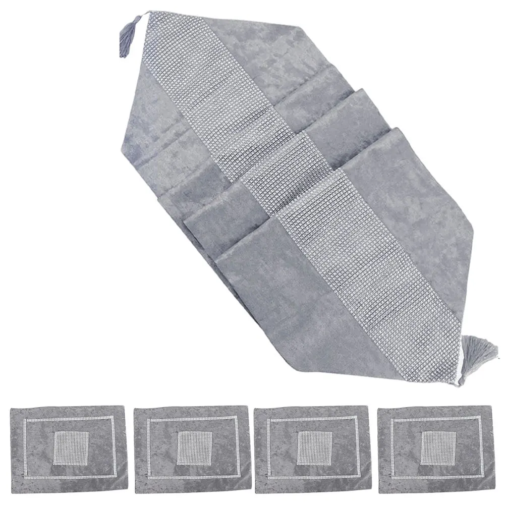 

Velvet Table Runner Set Placemat Table Mats Table Cover with Crystal Strip and Tassels Gray 4 Velvet Table Runner + 1 Placemat