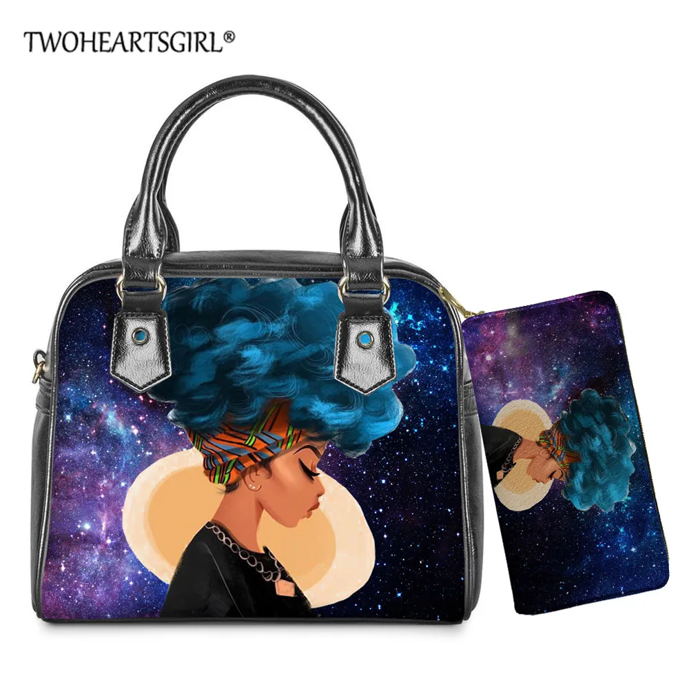

Twoheartsgirl 2PCS Leather Handbag with Art Black African Girls Printed Shoulder Bag Portable Travel Clutch Purse Messenger Bags