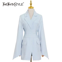 twotwinstyle blue casual blazers for women notched long sleeve slimming bowknot elegant blazer female 2021 fashion new clothing