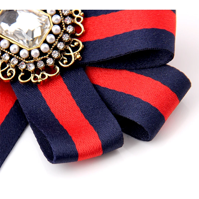

SUQI new stripe Navy Ribbon Bow Ties Rhinestone Crystal Brooches Pins Jewelry Women Collar Corsage Necktie Broche School Style