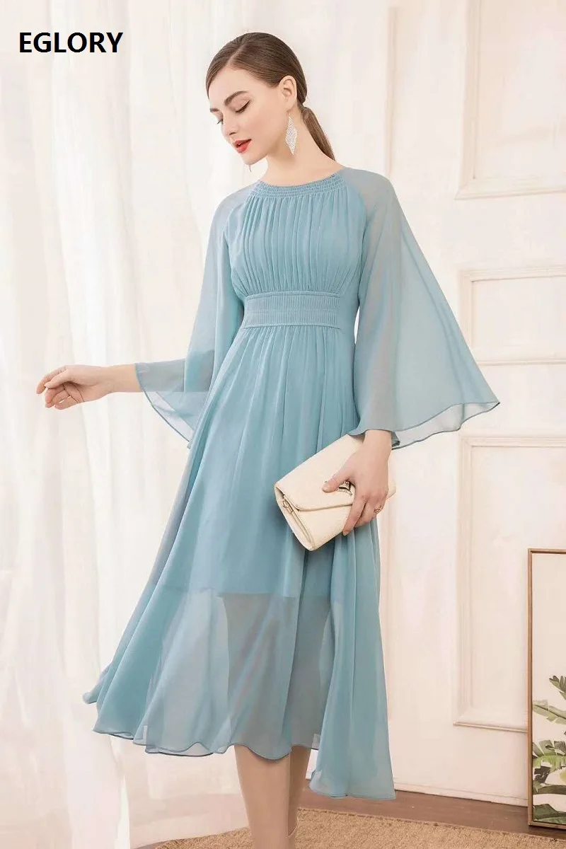 Женское плиссированное платье с круглым вырезом и Расклешенным рукавом больших