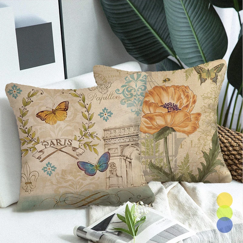 

Butterflies Birds Flowers Decorative Throw Pillows for Sofa Retro Fauxlinen Cushion Cover 45x45cm Pillowcase Car Bed Home Decor