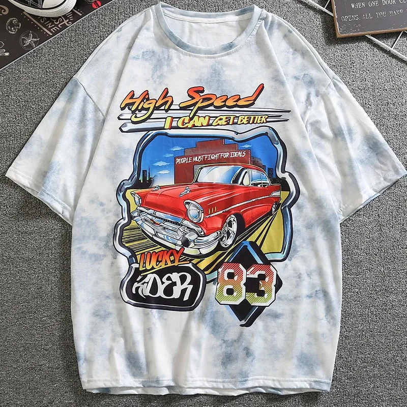 

Футболка оверсайз с принтом автомобиля, круглым вырезом и коротким рукавом