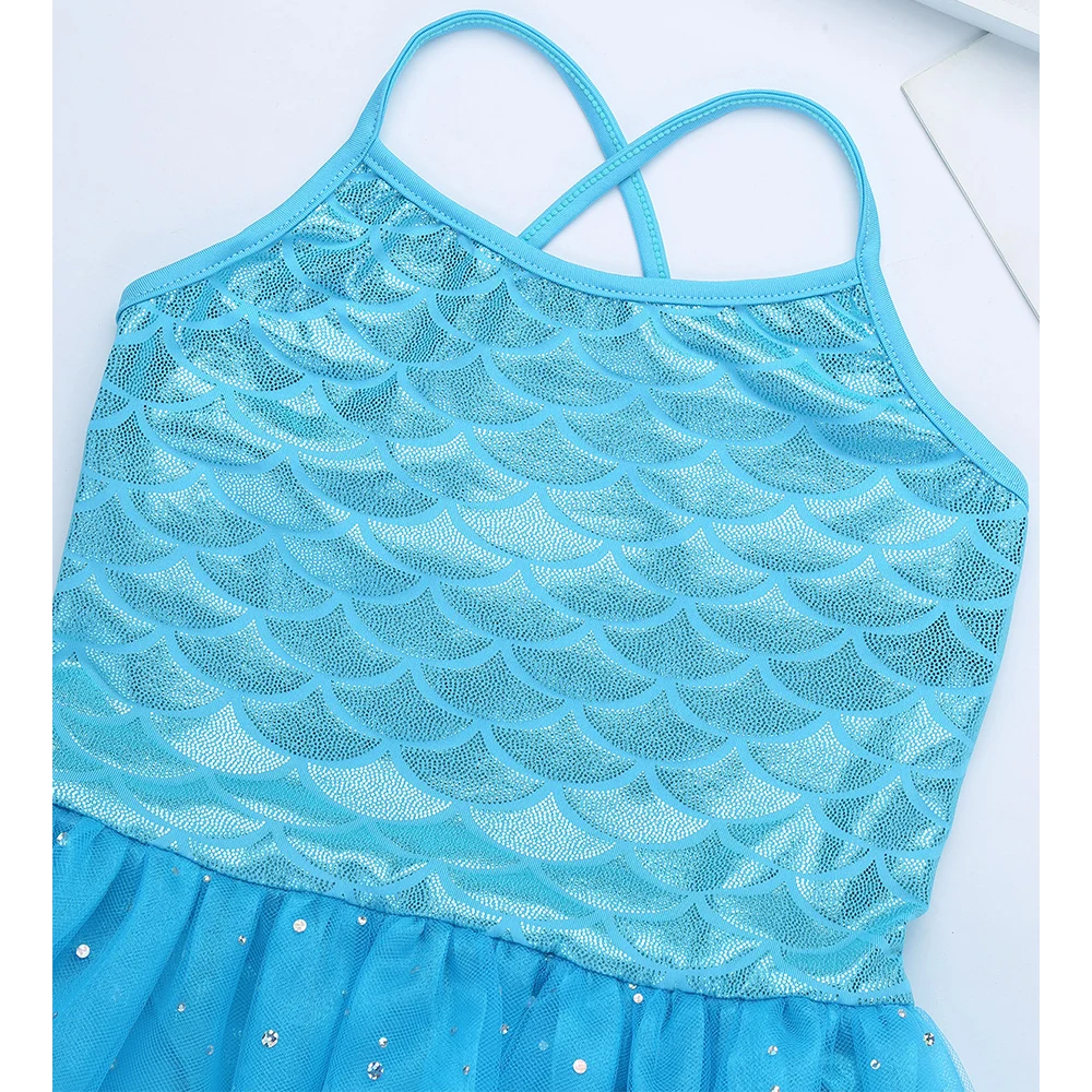 Kids Girls Ballet Dress Sparkly Mermaid Tutu Spaghetti Shoulder Straps Scales Pattern Printed Dance Gymnastics Leotard | Тематическая