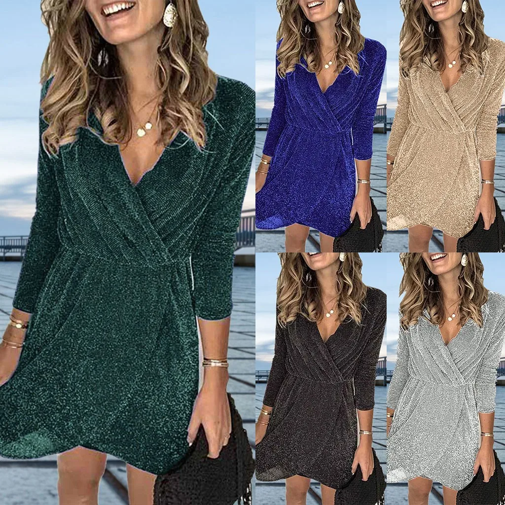 Женское блестящее мини платье с V образным вырезом и длинным рукавом|Женские