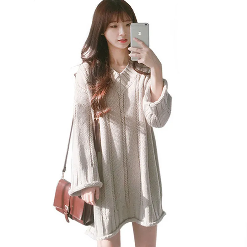 Мода 2019 женский осенне-зимний длинный свитер пуловеры платье повседневные